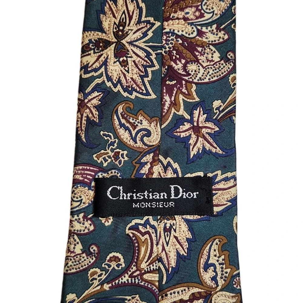 Vintage Christian Dior Monsieur Silk Tie Green Floral Botanical USA Made Necktie